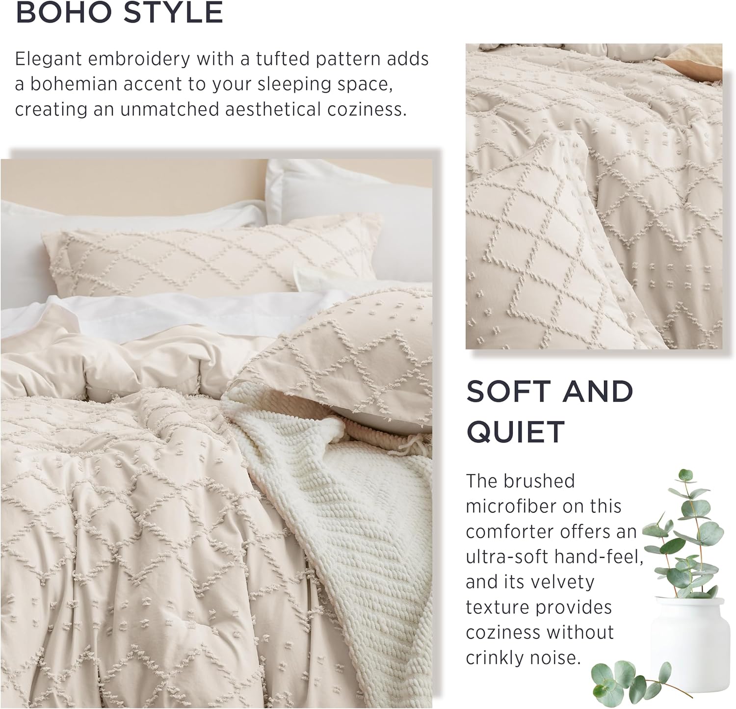 Queen Comforter Set - Beige Comforter, Boho Tufted Shabby Chic Bedding Comforter Set, 3 Pieces Vintage Farmhouse Bed Set for All Seasons, Fluffy Soft Bedding Set with 2 Pillow Shams